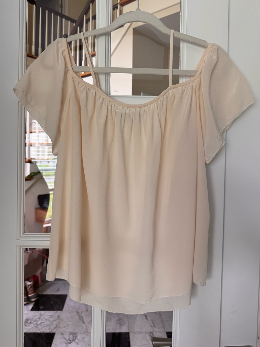 Trina Turk Silk Chiffon Top S Cream Ecru Sheer Flutter Sleeve Ethereal Babydoll